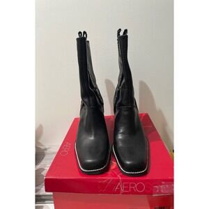Aerosoles Moto Oil Black Leather Square Toe Block Heel Mid-Calf Boots Women 7.5M